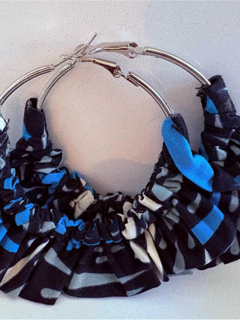 Blue and Black Fabric Wrapped Hoop Earrings - Women Jewelry